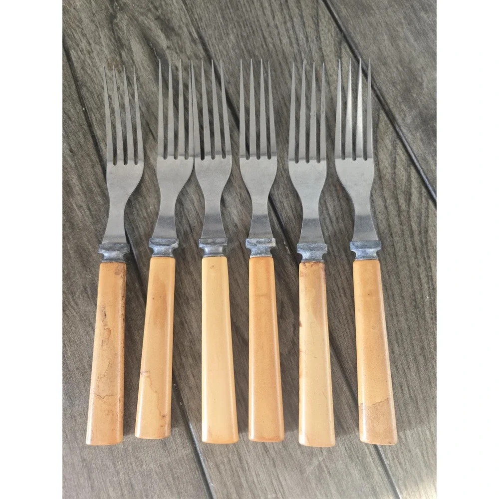 Vintage Butterscotch Bakelite 6 Forks Flatware Set Stainless Steel Art Deco MCM